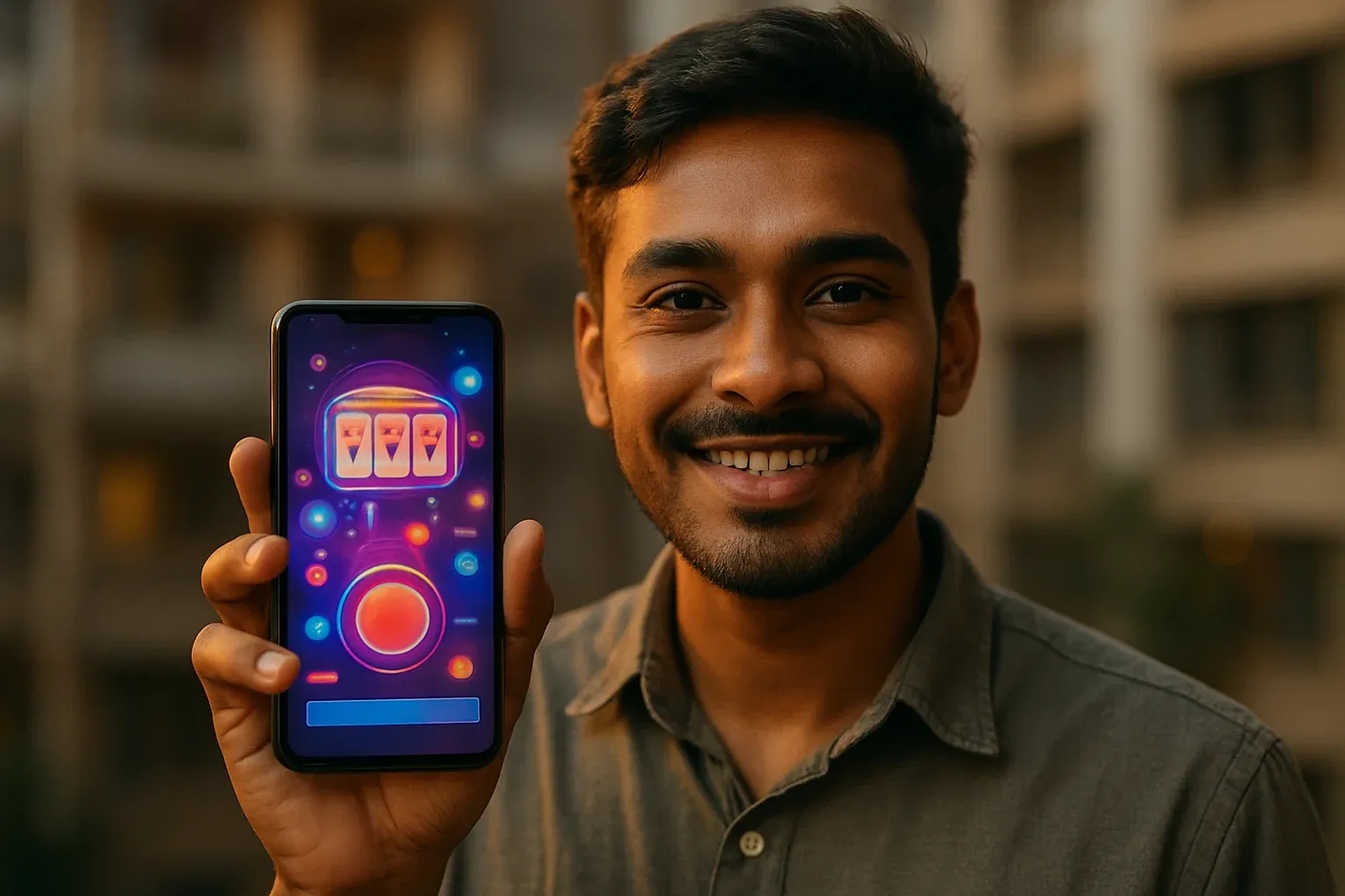 Young Bangladeshi man smiling, holding smartphone with colorful casino app interface