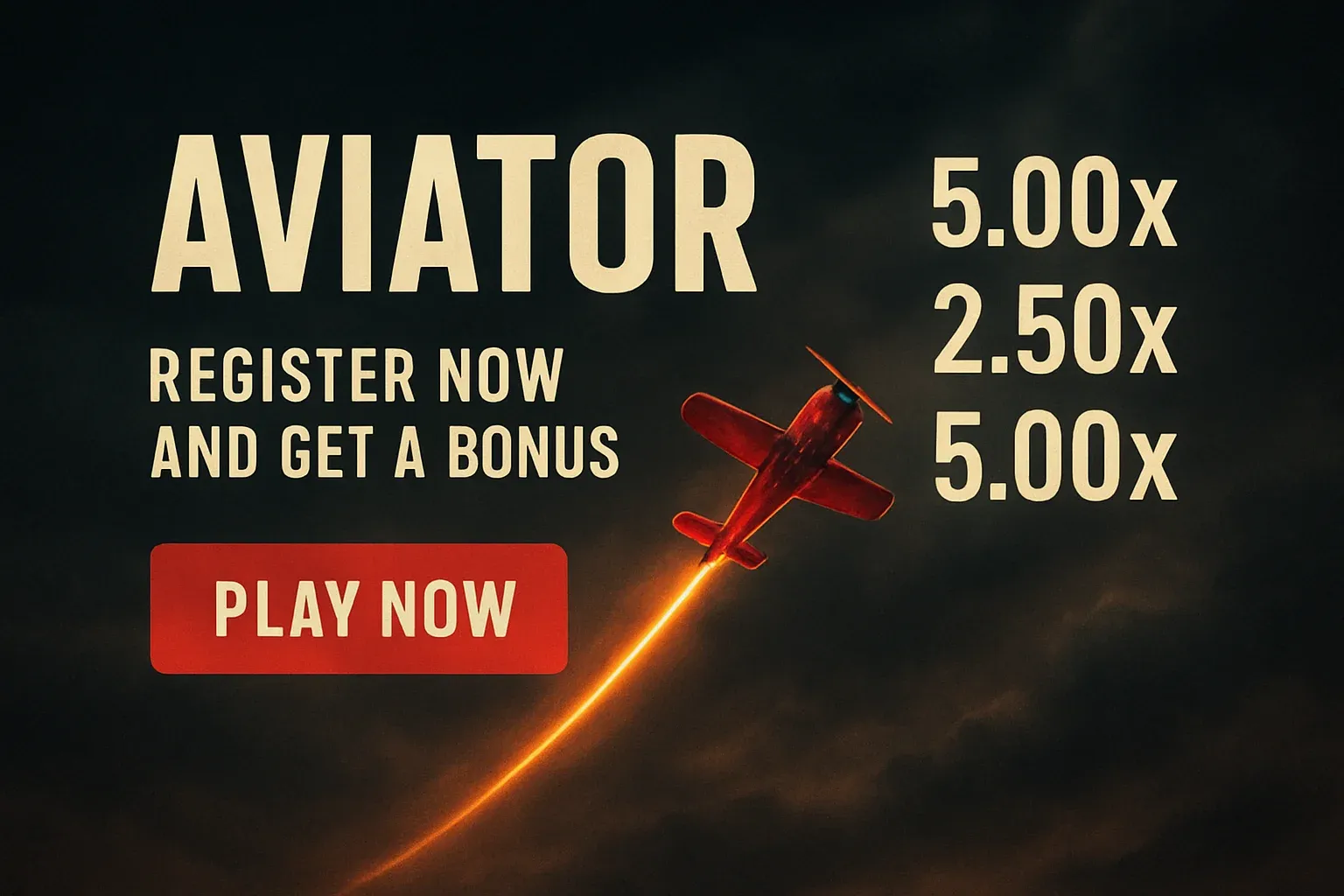 Aviator crash game banner with red plane, multipliers, and play button