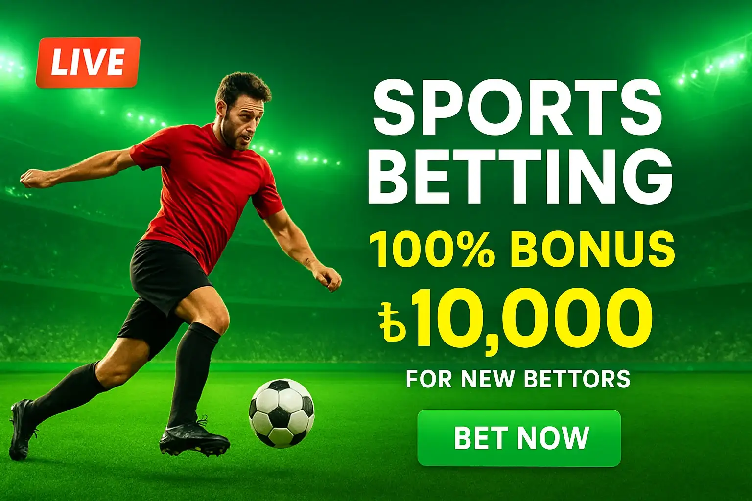 Sports betting banner with footballer, stadium, bonus offer, and Bet Now button