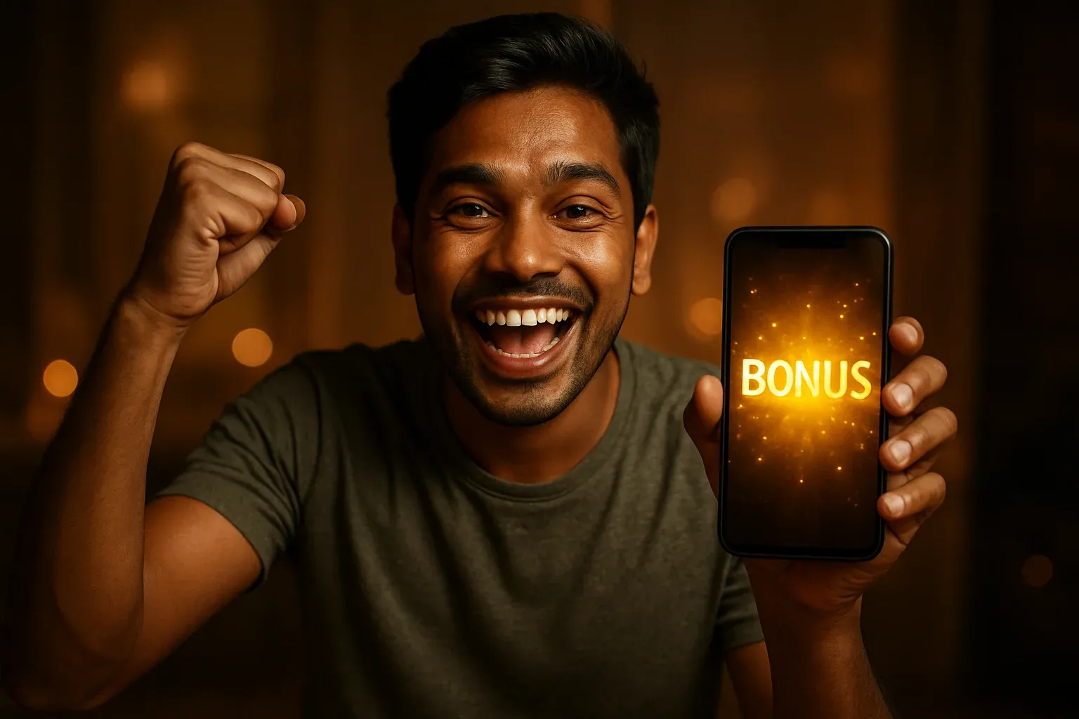 Joyful Bangladeshi man holding smartphone with glowing bonus notification, celebrating excitedly