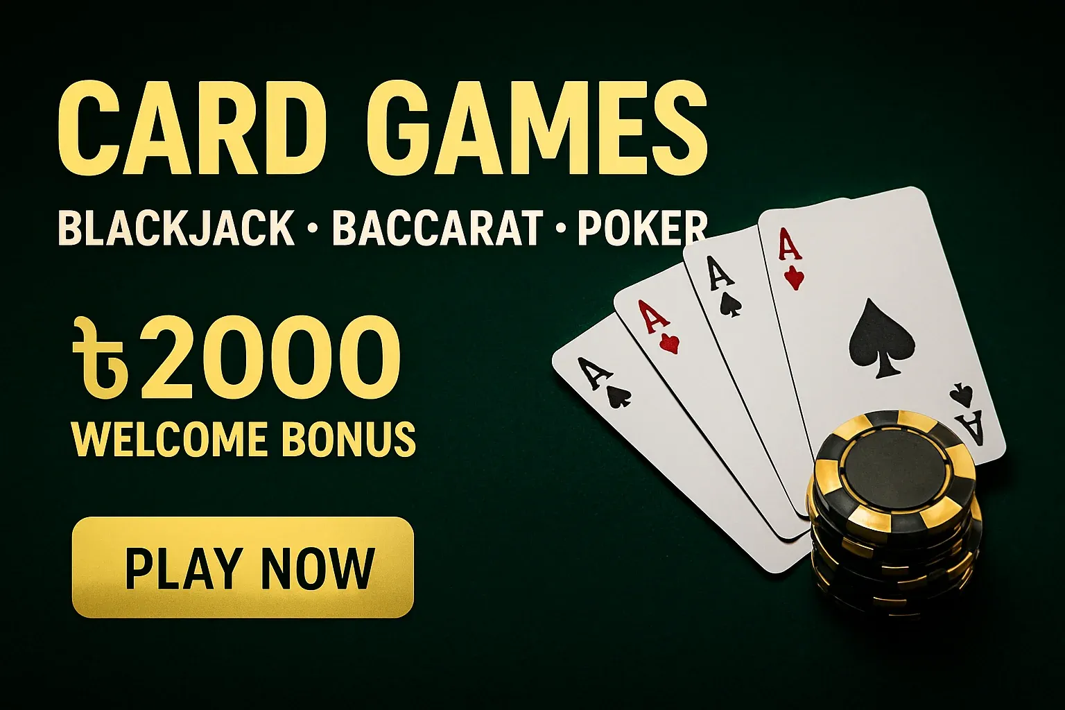 Card games banner with playing cards, chips, bonus offer, and CTA