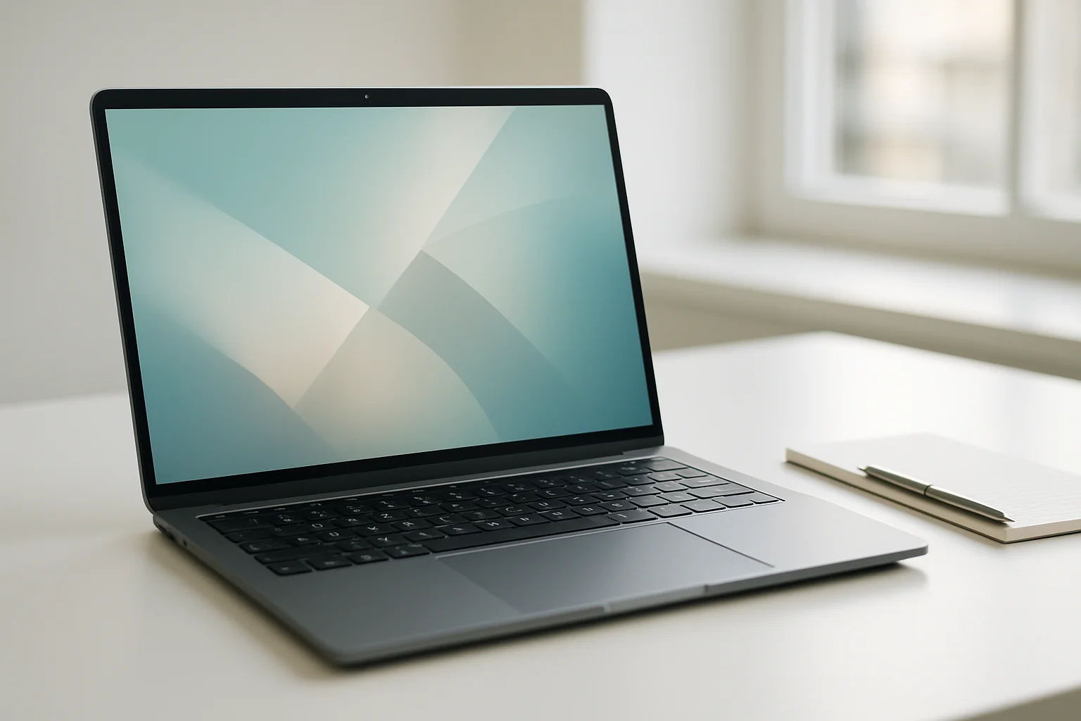 Modern laptop on white desk with pen and notepad in daylight