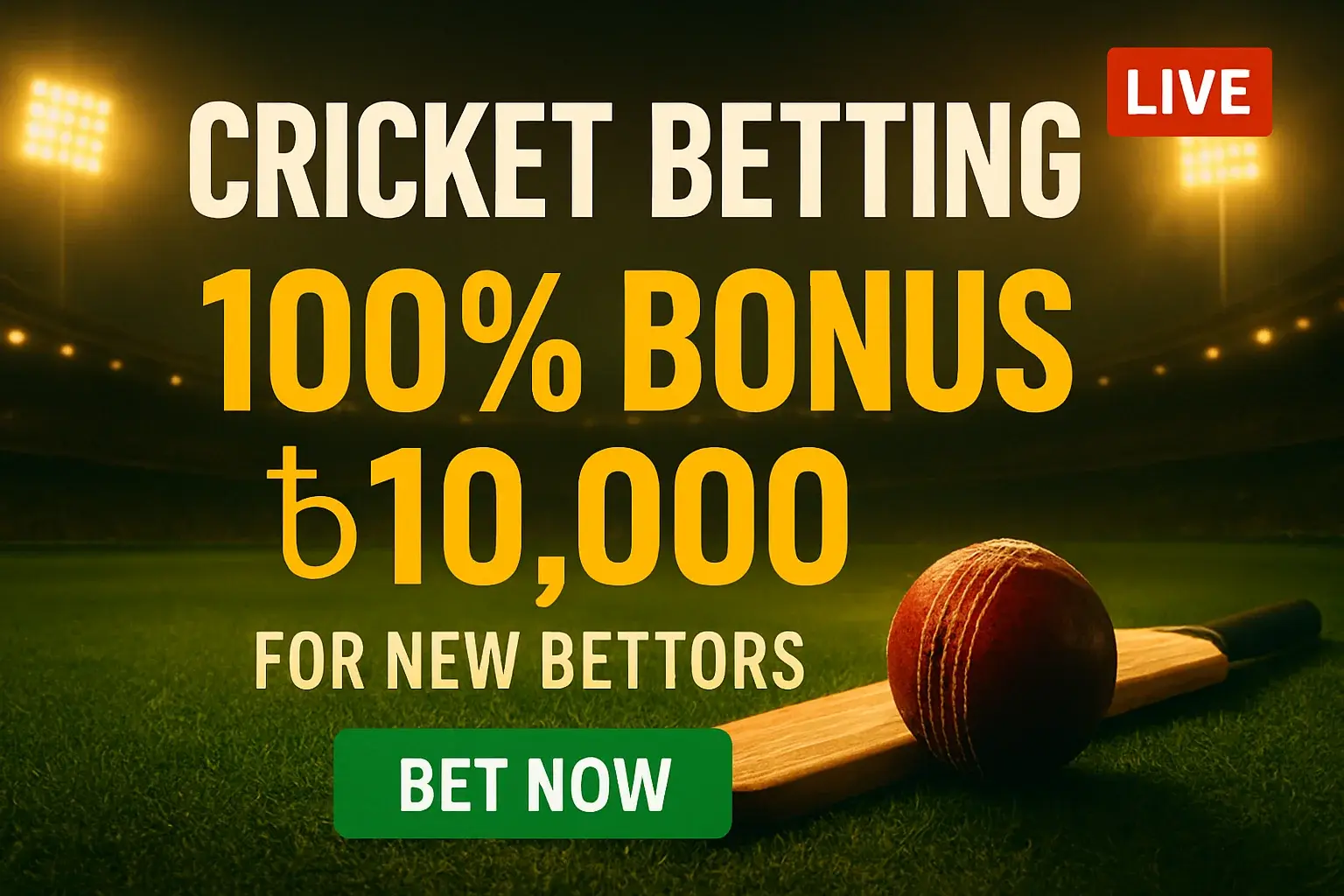 Cricket betting banner with bat, ball, stadium, bonus and CTA
