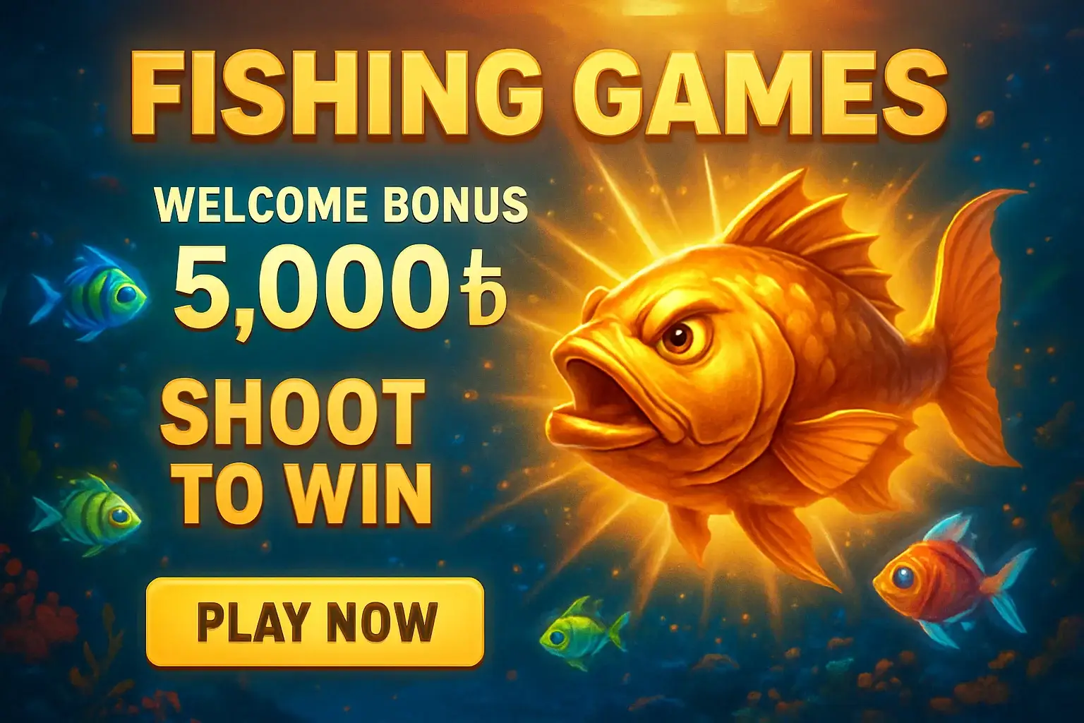 Fishing arcade banner with underwater boss fish, bonus offer, and play button