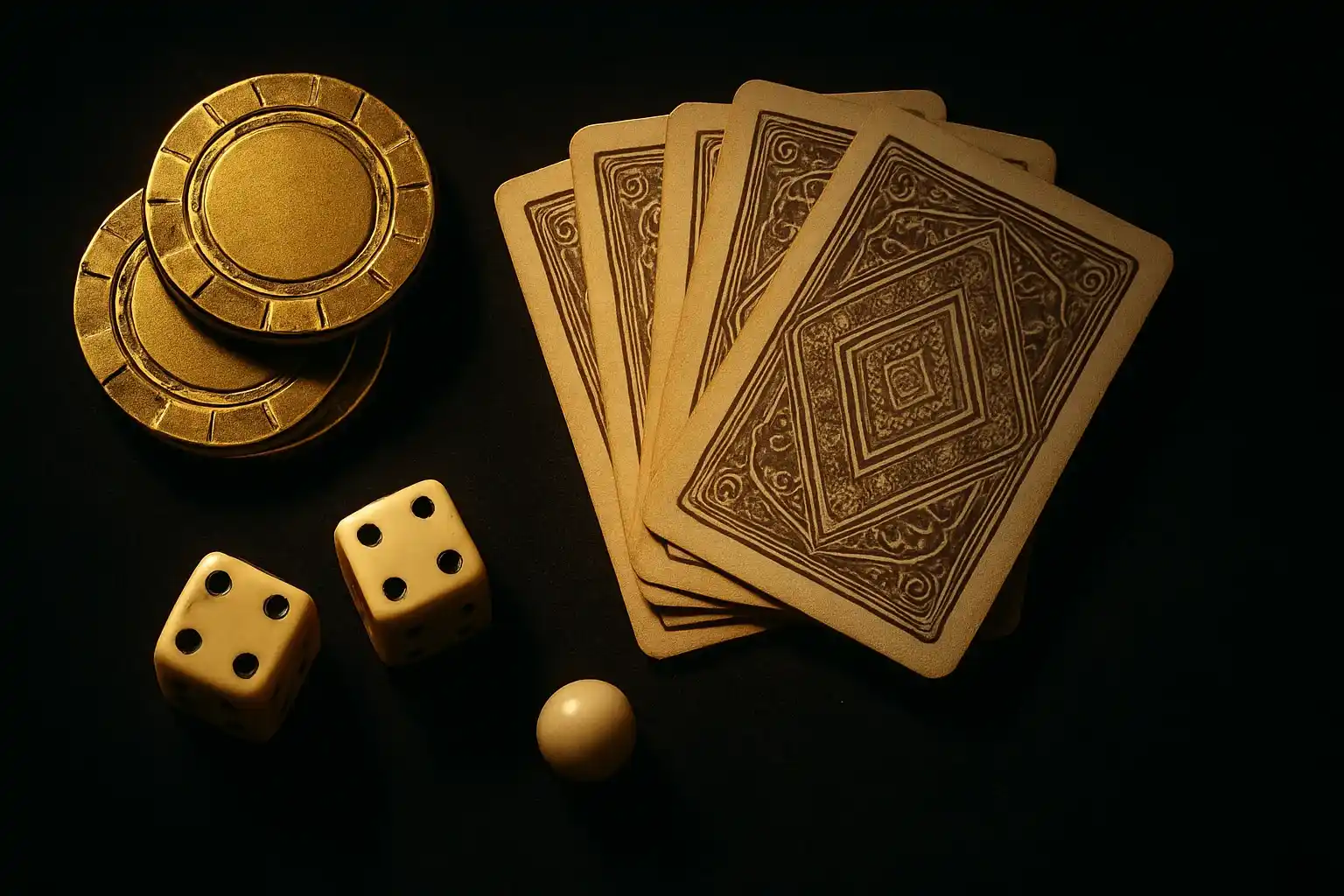 Top-down casino scene with golden chips, cards, dice, and roulette ball