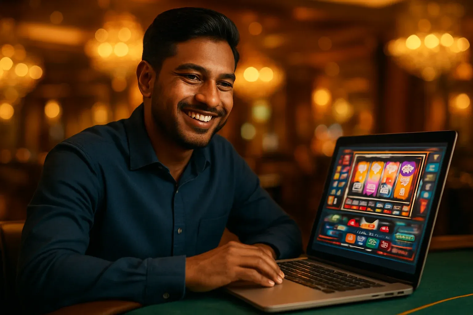 Cheerful Bangladeshi man with open laptop in premium casino lounge