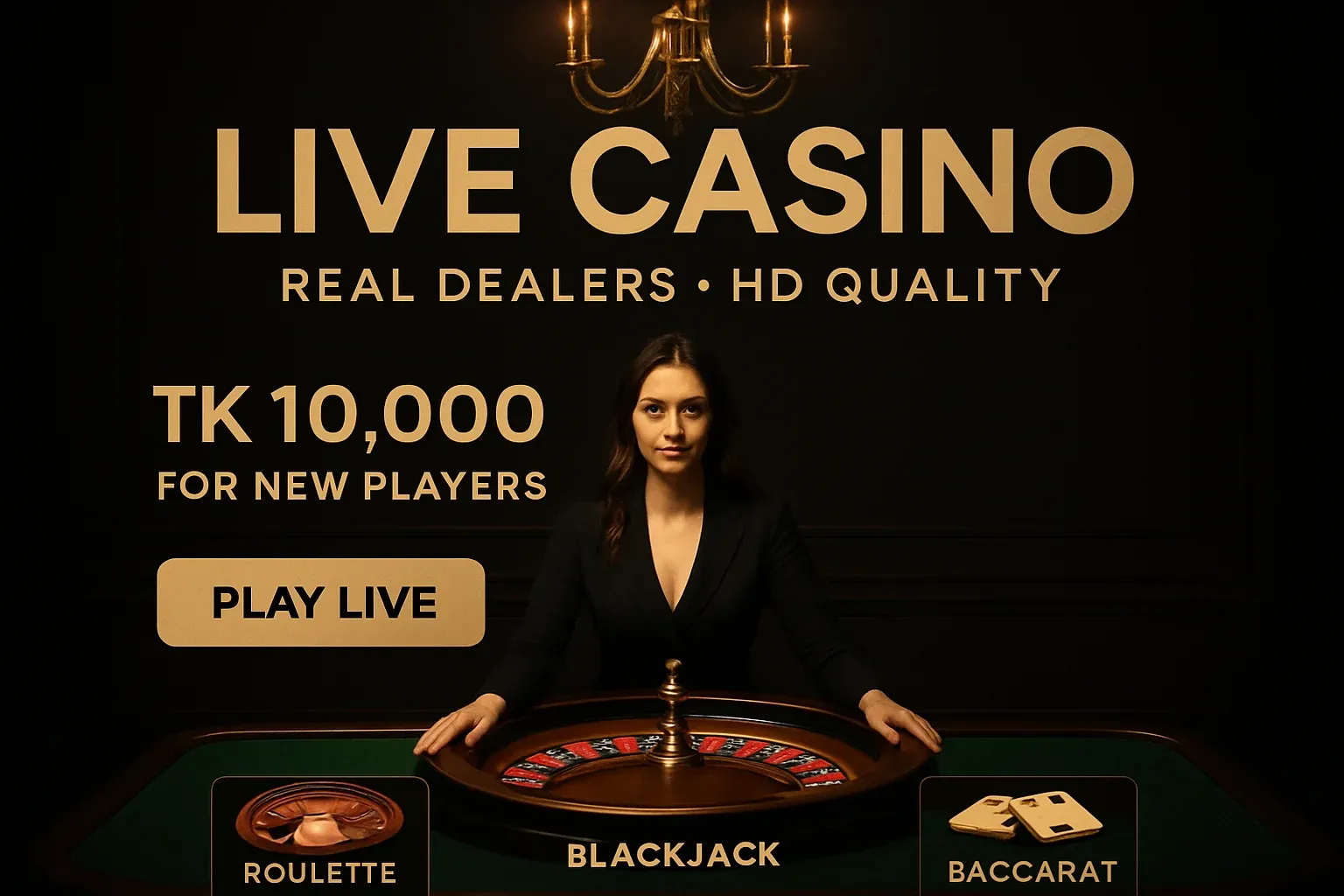 Live casino banner with female dealer, roulette table, gold lighting, Bangladesh bonus