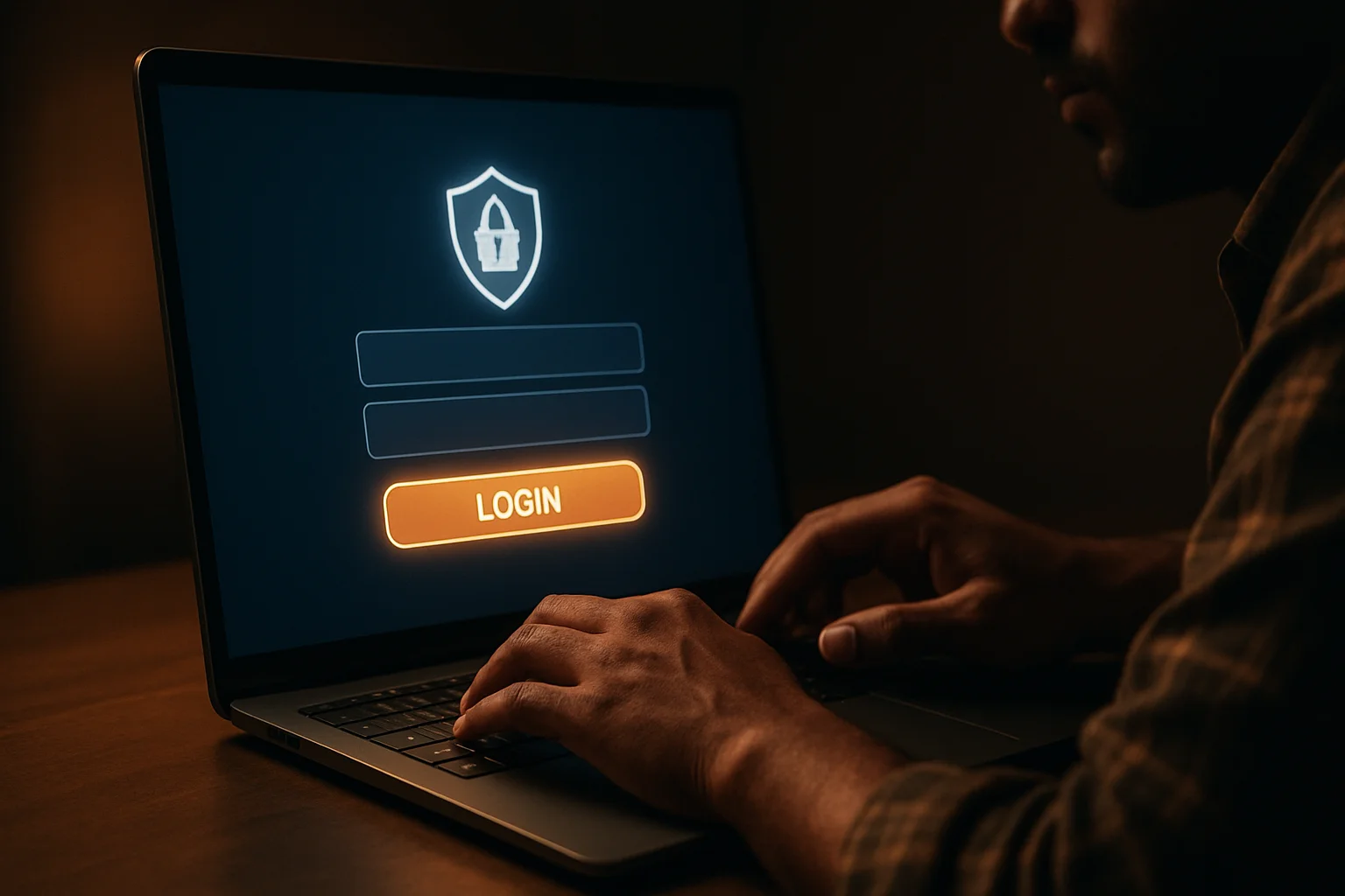 Bangladeshi man's hands on laptop showing stylized login form screen