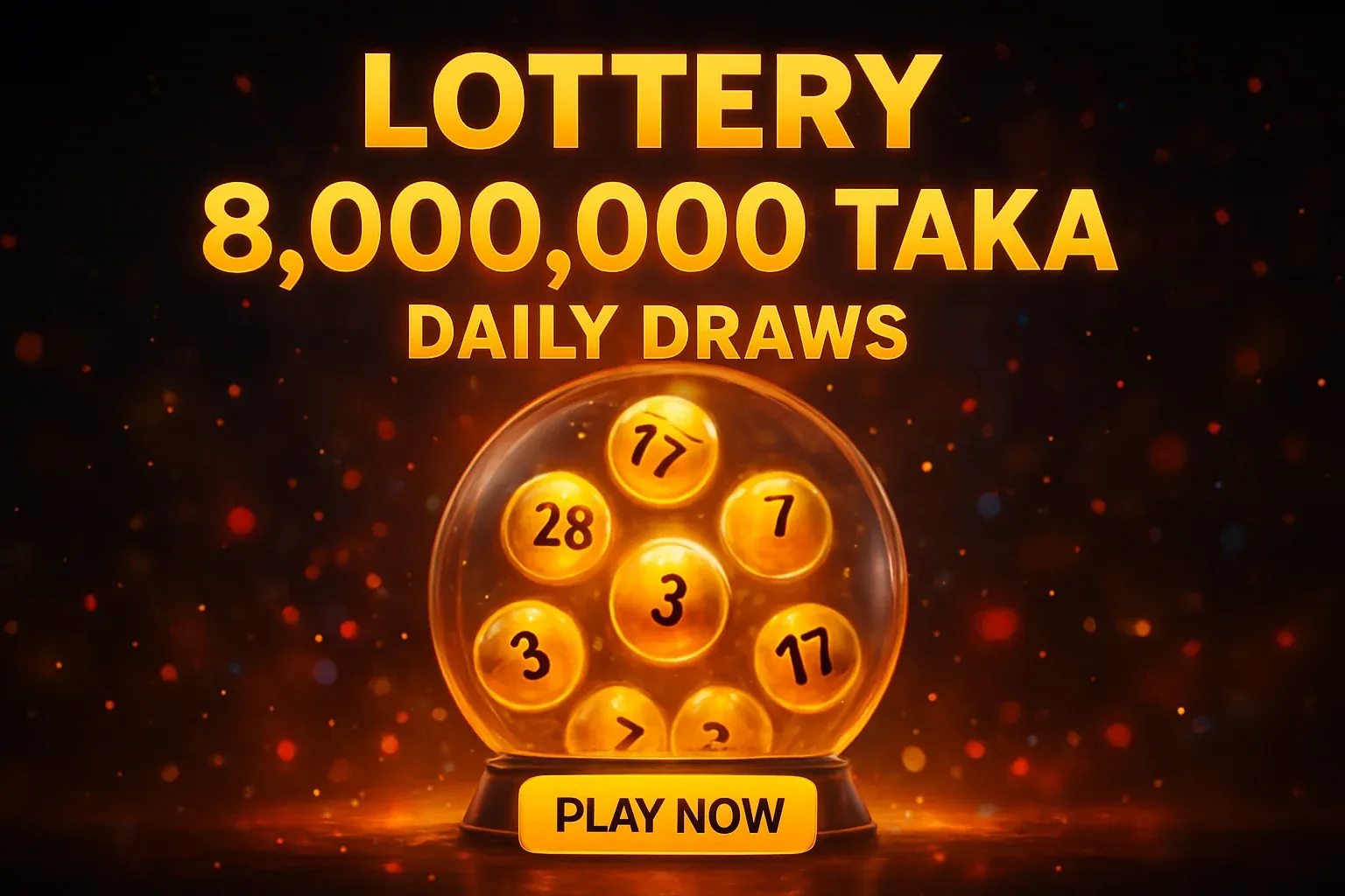 Glowing golden lottery balls in transparent draw machine promotional banner