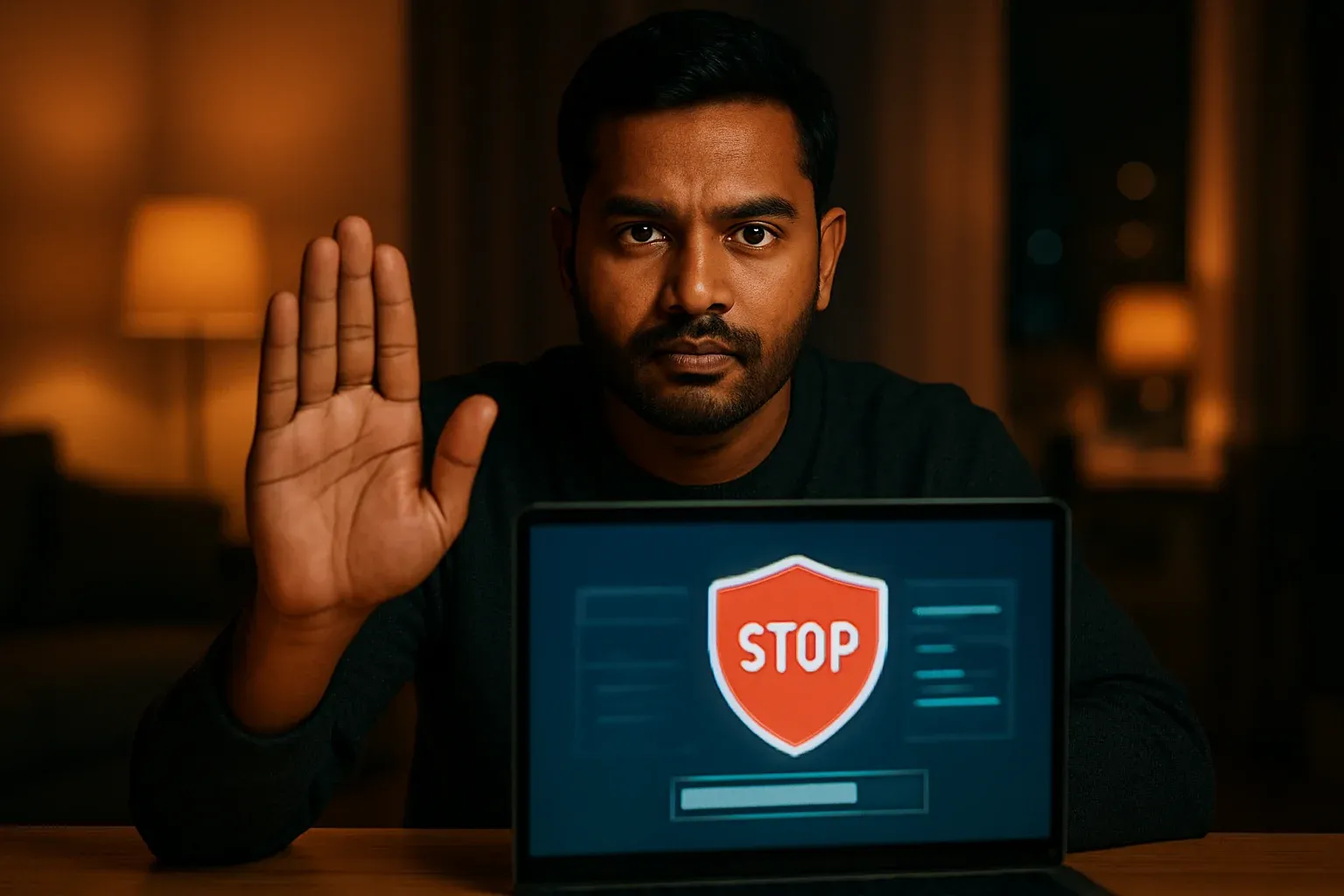 Bangladeshi man shows stop gesture beside laptop with responsible gambling screen