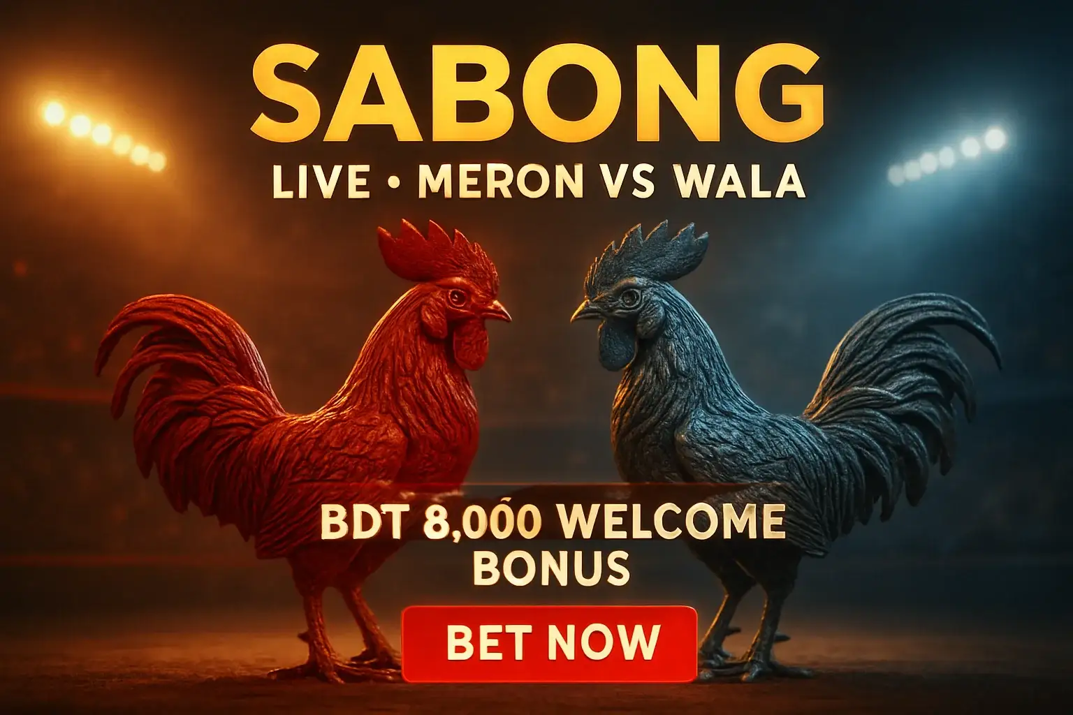 Live sabong banner with decorative rooster figurines and bonus offer