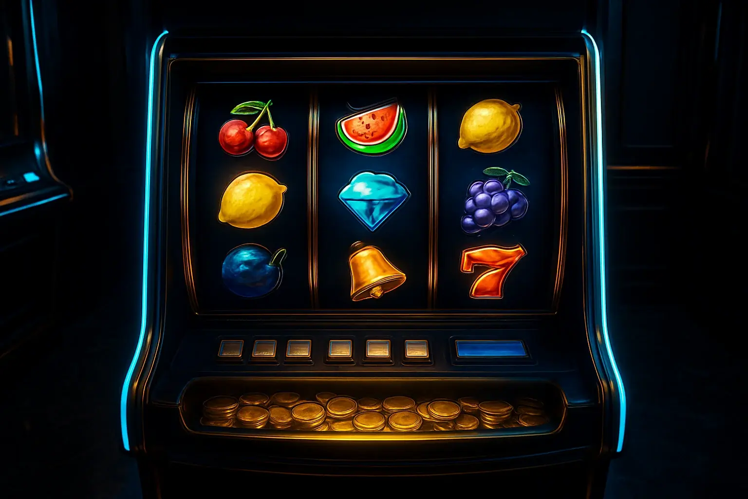 Hyperrealistic premium slot machine with glowing reels in dark luxury casino